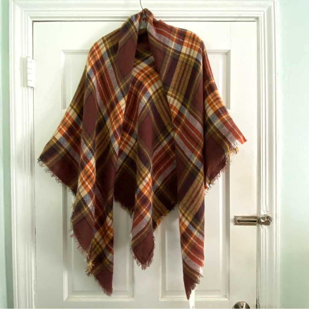 Oversized Blanket Scarf Plaid with Brown, Orange, and Yellow New With Tags